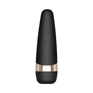 Picture of the Satisfyer Pro 3 Rechargeable Sucking Vibrator in black with a silver band, set on a white background.