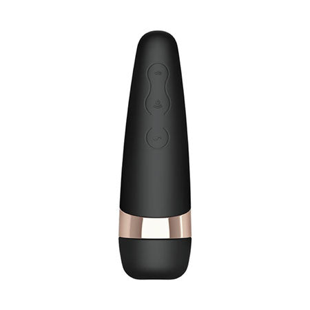 Picture of the Satisfyer Pro 3 Rechargeable Sucking Vibrator in black with a silver band, set on a white background.