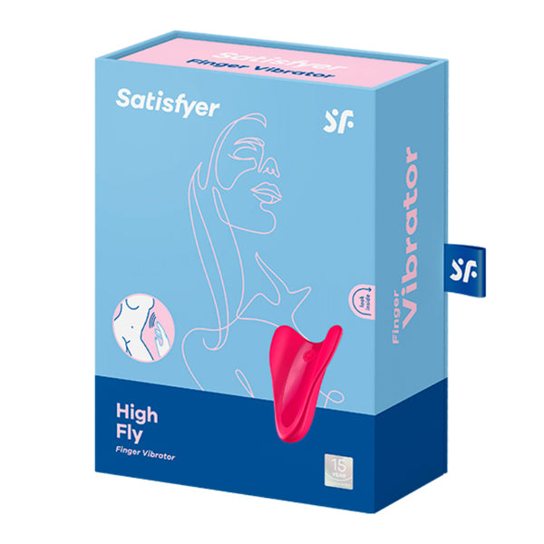Blue packaging for the Satisfyer High Flyer rechargeable finger vibrator - Sex Siopa, Ireland's most beloved sex toy boutique.