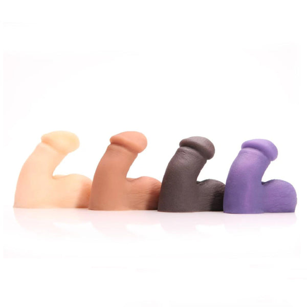 Lineup of four Tantus On the Go silicone realistic packers, in white, cream, black, and purple - Sex Siopa, Ireland's best sex toys and accessories