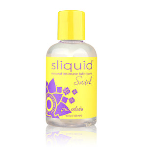 Sliquid Swirls water based, pina colada flavoured lubricant. Clear bottle, yellow cap, and yellow/purple label, all shown on a white background - Sex Siopa, Ireland's Best Sex Toys