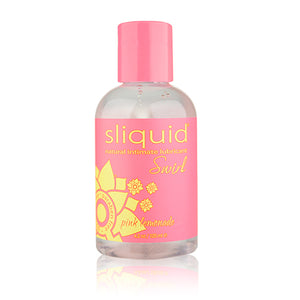 Sliquid Swirl pink lemonade flavoured vegan lubricant. Clear bottle, pink cap, and pink lemonade label, all shown on a white background - Sex Siopa, Ireland's Best Sex Toys!