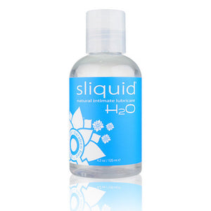 Sliquid H2O water based lubricant in a clear bottle, with a blue and white label. All on a white background.