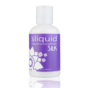 Sliquid Silk lubricant bottle. White bottle with a purple and white label. All on a white background.