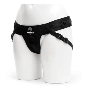 Picture of the Spareparts Joque strapon harness with 2 fully adjustable straps and flexible O-ring in black, shown on a white mannequin. The Joque Harness is made from breathable, moisture wicking poly spandex and is machine washable. Dildos and other sex toys sold seperately. - Sex Siopa Ireland