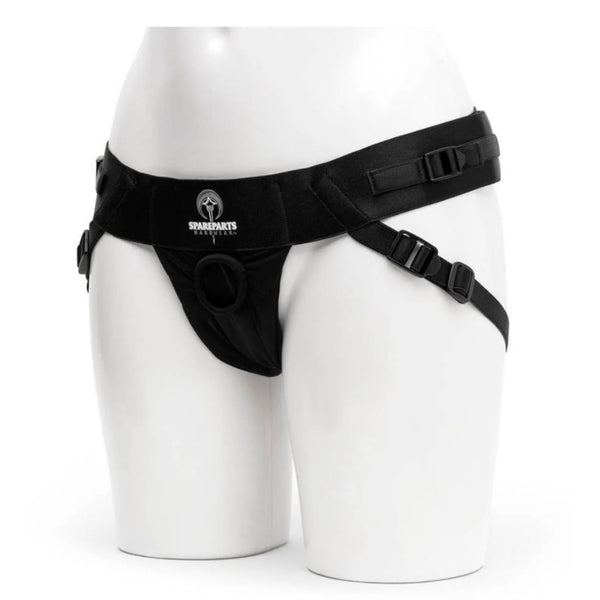 Picture of the Spareparts Joque strapon harness with 2 fully adjustable straps and flexible O-ring in black, shown on a white mannequin. The Joque Harness is made from breathable, moisture wicking poly spandex and is machine washable. Dildos and other sex toys sold seperately. - Sex Siopa Ireland