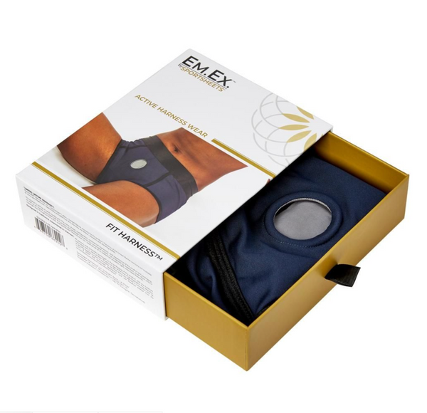 Open packaging for the Sportsheets Em.Ex Fit active wear strap-on harness in navy blue/black - Sex Toys Ireland - Sex Siopa