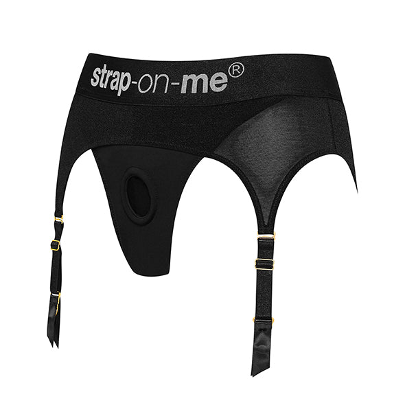 Side view of a Strap-On-Me lingerie harness in black on a white background