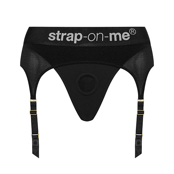 Front view of a Strap-On-Me lingerie harness in black on a white background
