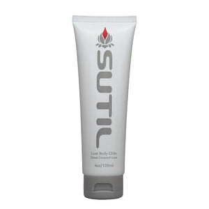 View of a vertical tube of Sutil Luxe Body Glide, in a grey/white colour scheme. This is a long lasting, vegan friendly water based lubricant which can be used with condoms or sex toys. It has a light, silky texture and is glycerin and paraben free. Its packaging is 100% biodegradable. - Sex Siopa, Ireland's best sex toys and accessories
