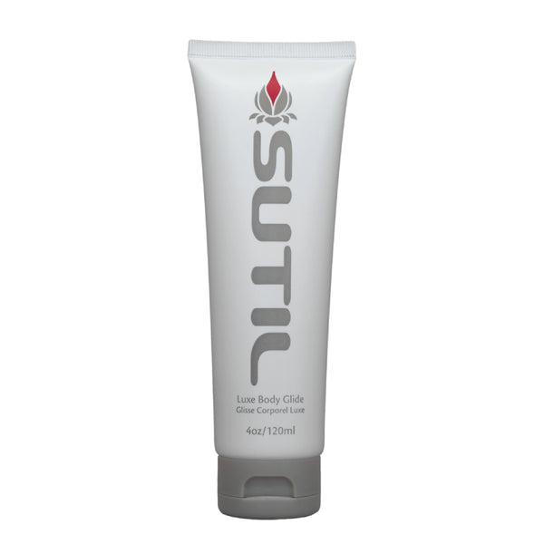 View of a vertical tube of Sutil Luxe Body Glide, in a grey/white colour scheme. This is a long lasting, vegan friendly water based lubricant which can be used with condoms or sex toys. It has a light, silky texture and is glycerin and paraben free. Its packaging is 100% biodegradable. - Sex Siopa, Ireland's best sex toys and accessories