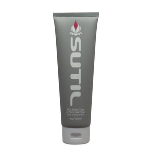Vertical tube of Sutil Rich Body Glide luxurious thick water based lubricant, in grey on a white background. Sutil Rich is vegan as well as toy and condom friendly - Sex toys Ireland - Sex Siopa, Ireland's best adult shop