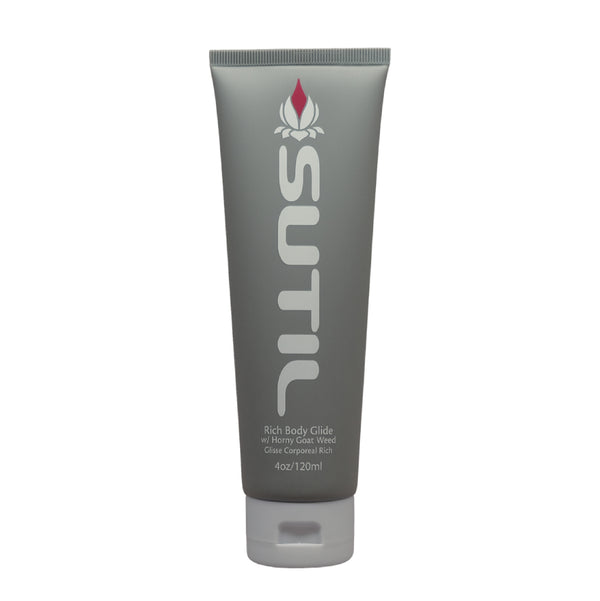 Vertical tube of Sutil Rich Body Glide luxurious thick water based lubricant, in grey on a white background. Sutil Rich is vegan as well as toy and condom friendly - Sex toys Ireland - Sex Siopa, Ireland's best adult shop