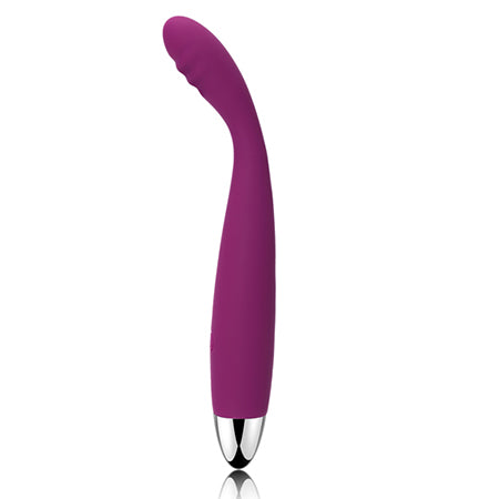Side view picture of the Svakom Cici in a burgundy colour scheme with a metallic base, on a white background. The Svakom Cici rechargeable silicone vibrator sold by Sex Siopa, Ireland's best sex toy shop in Dublin