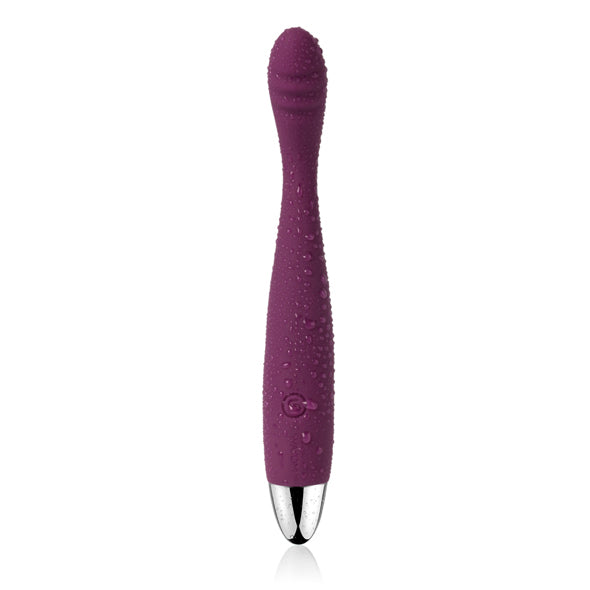 Picture of the Svakom Cici in a burgundy colour scheme with a metallic base, covered in water droplets on a white background. The Svakom Cici rechargeable silicone vibrator sold by Sex Siopa, Ireland's best sex toy shop in Dublin