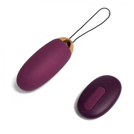 Full rear view of the Svakom Elva remote controlled rechargeable egg vibrator sex toy and its remote control. In a Burgundy colour scheme on a white background. All the best sex toys in Ireland. We stock top quality and affordable vibrators, dildos, butt plugs, lubricant, and bondage supplies.