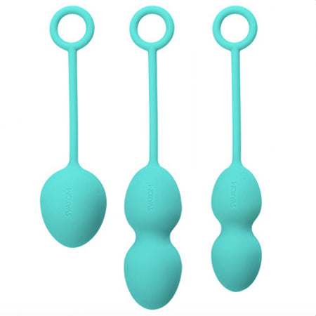 Picture of 3 vertical Svakom Nova kegel balls made from 100% bodysafe silicone. In turquoise set on a white background. Can be used vaginally to improve and strengthen PC muscles. - Sex Siopa Ireland