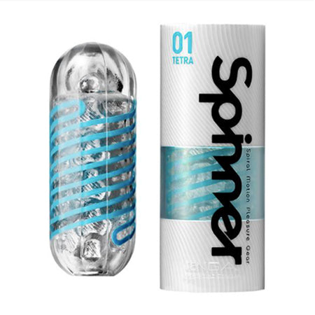 Tenga Spinner Tetra men's masturbator outside the packaging and stood next to it. Blue and white swirl themed - Sex Siopa Ireland's Best Sex Toys in Dublin
