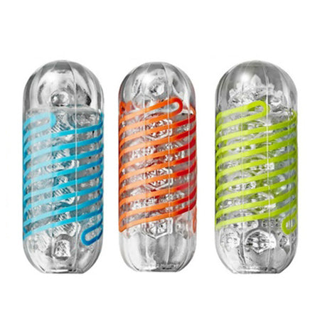 Three Tenga Spinners out of their packaging, male masturbation sex toy with different coloured swirl themes, all on a white background - Sex Siopa Ireland's favourite adult shop in Dublin