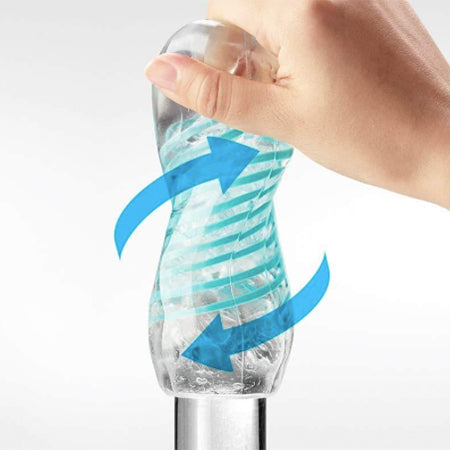 Twist motion on the Tenga Spinner men's sex toy. Clear toy with turquoise swirls, with blue arrows on a white background - Sex Siopa, Ireland's best adult shop