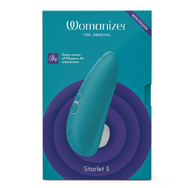 Packaging of the Womanizer Starlet 3 Rechargeable "Sucking" Vibrator in teal and purple. Shown on a white background.