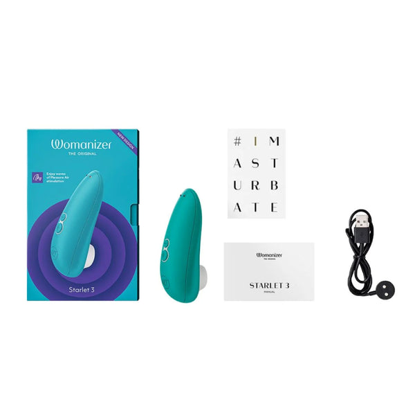Components of the Womanizer Starlet 3 Rechargeable "Sucking" Vibrator in white and teal. Packaging, vibrator, charging cable, and guides. Shown on a white background.