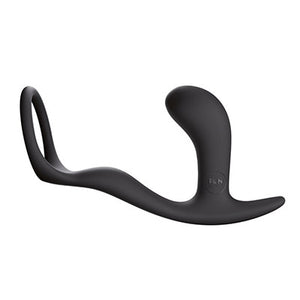 Black coloured Fun Factory Bootie Ring cock ring and butt plug combo sex toy from Sex Siopa Ireland. Sideways view on a white background.