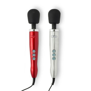 Doxy Diecast Powerful Mains Powered Wand Vibrator and Massager. 2 examples of the Doxy in red and silver, with black heads. All set on a white background - Sex Siopa, Ireland's best sex toys and accessories.