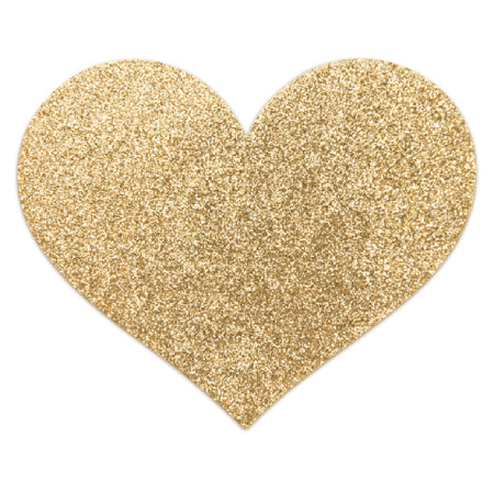 A glittery gold coloured heart nipple pastie on a white background by Bijoux Indiscrets. Lingerie