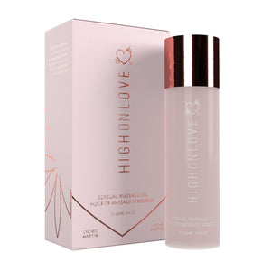 High On Love Sensual Massage Oil comes in 3 aromas: Decadent White Chocolate, Strawberries and Champagne, and Lychee Martini. It is made with all natural oils including hemp oil and vitamin E - Sex Siopa, Ireland's Best Sex Toys, Lubricants, and accessories.