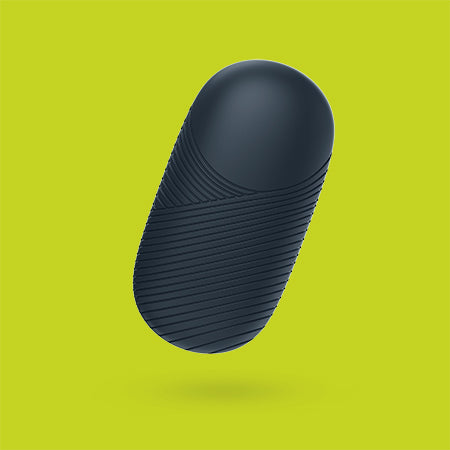 Back view of the Satisfyer Layons Dark Desire rechargeable vibrator showing the ridge, silicone padding. Shown in black set on a yellow background - Sex Siopa, Ireland's Best Sex Toys.