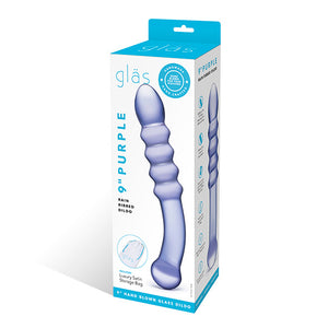 Sex toys Ireland - Sex Siopa - Packaging for the Glas Purple Rain 9" double ended dildo made from 100% borosilicate toughened glass. The round bulbous head makes it excellent for G-spot stimulation.