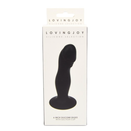 Packaging for the 6" silicone suction cup strap-on dildo in black by Loving Joy - Sex Siopa is Ireland's best adult store