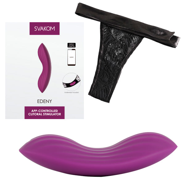 Scene of the Svakom Edeny app-controlled couples vibrator in burgundy alongside a luxury storage box and black lace, side tie panties - Sex Siopa, Ireland's Best sex toys and accessories
