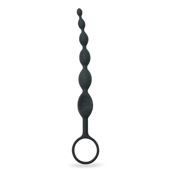 Vertical view of the 50 Shades of Grey silicone anal beads featuring 6 graduating beads and wide ring base on white background