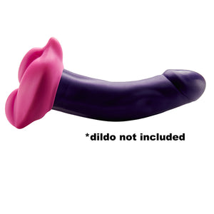 Side view of Bananapants Bumpher strap-on silicone cushion for comfort and clitoral stimulation. Modelled on a dildo to show how stretchy it is.