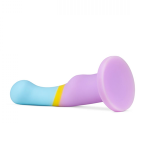 Avant heart of gold realistic silicone purple gold blue dildo with balls and suction cup base lying on side on white background