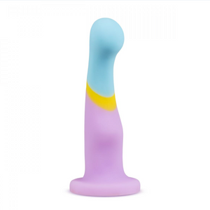 Avant heart of gold realistic silicone purple gold blue dildo with balls and suction cup base standing upright on white background 