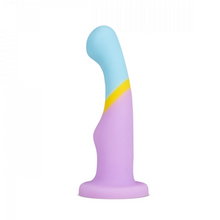 Load image into Gallery viewer, Avant heart of gold realistic silicone purple gold blue dildo with balls and suction cup base standing upright on white background 