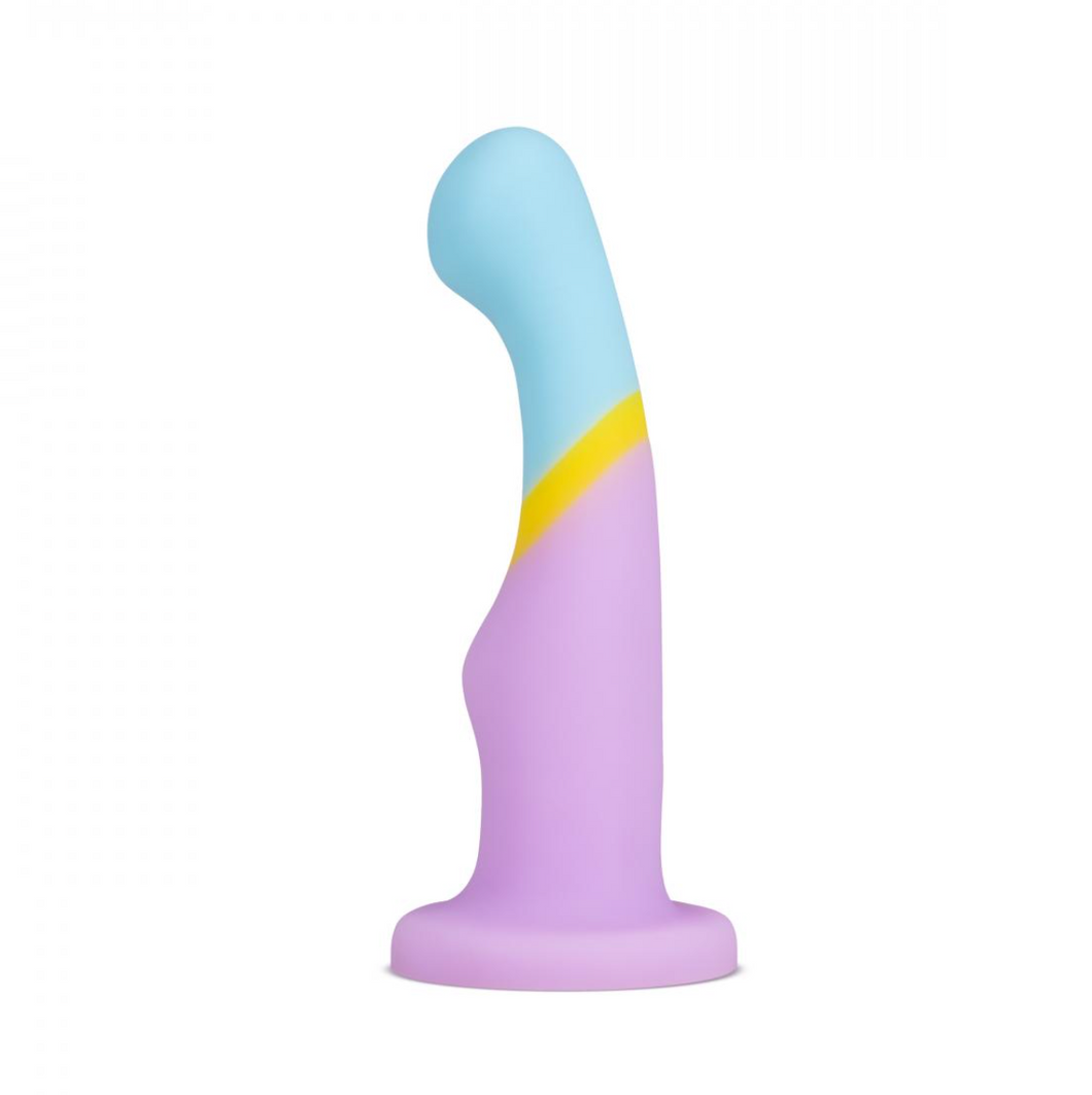 Avant heart of gold realistic silicone purple gold blue dildo with balls and suction cup base standing upright on white background 