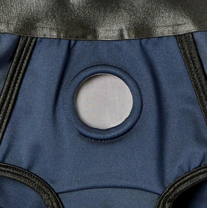 Sex Toys Ireland - Close up of the O-ring on the Sportsheets Em.Ex Fit active wear strap on harness. This boxer brief harness is made from 57% polyester, 27% Nylon, 15% spandex, and 1% nitrile O-ring. 