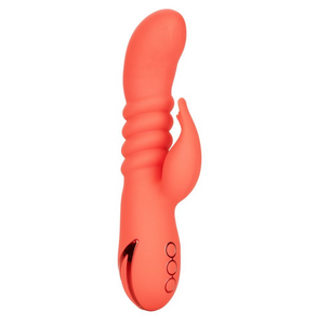 Calexotics California Dreaming Orange County Cutie thrusting rabbit vibrator. This vibrator is rechargeable, fully waterproof, and made with silicone and ABS hard plastic - Sex Siopa, Ireland's Best Sex Toys and Accessories