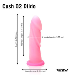 Size graph for the Tantus Cush O2 dual density silicone dildo featuring a harness compatible wide base and gentle ridges around the shaft - Sex Toys Ireland - Sex Siopa