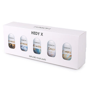 Svakom Hedy X 5-piece masturbation sleeve set with 5 unique textures. Each egg is double sided for extra sensation and made from a super soft and stretchy elastomer so they are 1 size fits all. Sex Siopa is Ireland's favourite adult shop for bodysafe sex toys, lubricants, and accessories.