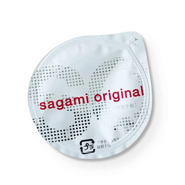 Picture of a Sagami Ultra Thin Latex Free Condom, in a white/grey/red colour scheme.