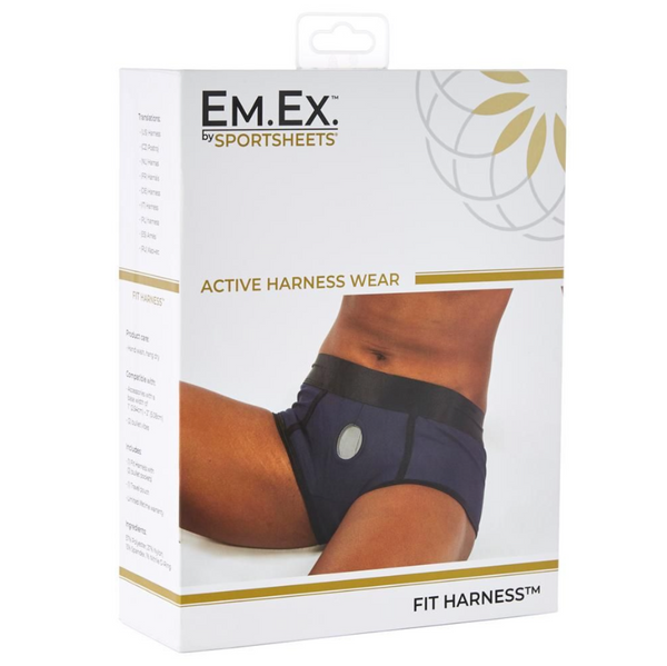 Closed packaging for the Sportsheets Em.Ex Fit active wear strap-on harness in navy blue/black - Sex Toys Ireland - Sex Siopa