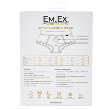 Load image into Gallery viewer, Size chart for the Sportsheets Em.Ex. Fit Active Wear Strap-on harness. This comfortable boxer brief is both cozy and sturdy with a nitrile O-ring to hold dildos up to 2&quot; in diameter. - Sex Toys Ireland - Sex Siopa