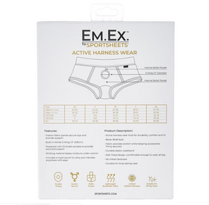Size chart for the Sportsheets Em.Ex. Fit Active Wear Strap-on harness. This comfortable boxer brief is both cozy and sturdy with a nitrile O-ring to hold dildos up to 2" in diameter. - Sex Toys Ireland - Sex Siopa