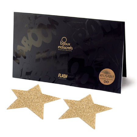 Two gold star glitter reusable nipple stickers alongside their packaging, all on a white background - Sex Siopa, Ireland's Best Sex Toy Shop