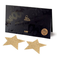 Two gold star glitter reusable nipple stickers alongside their packaging, all on a white background - Sex Siopa, Ireland's Best Sex Toy Shop